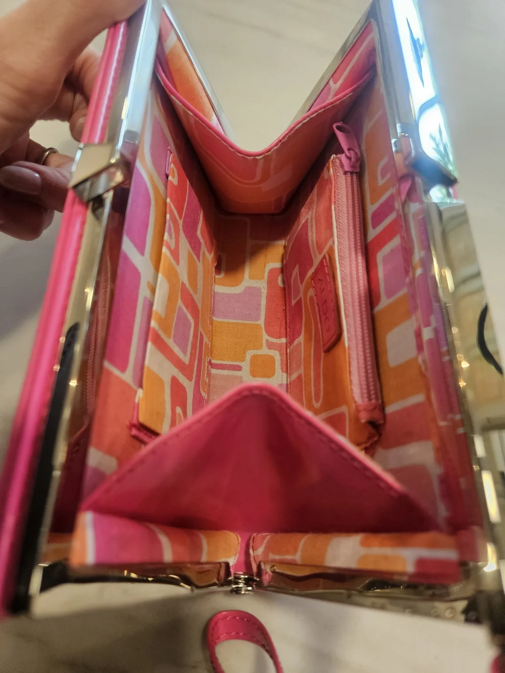 ALDO Hot Pink Patent Leather Frame Clutch Wallet Retro Geometric Lining Wristlet